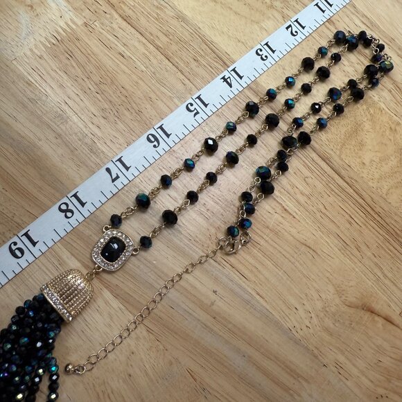 Gold Chain Necklace With Black Beads & Oil Slick Beaded Tassel Pendant - Picture 2 of 8